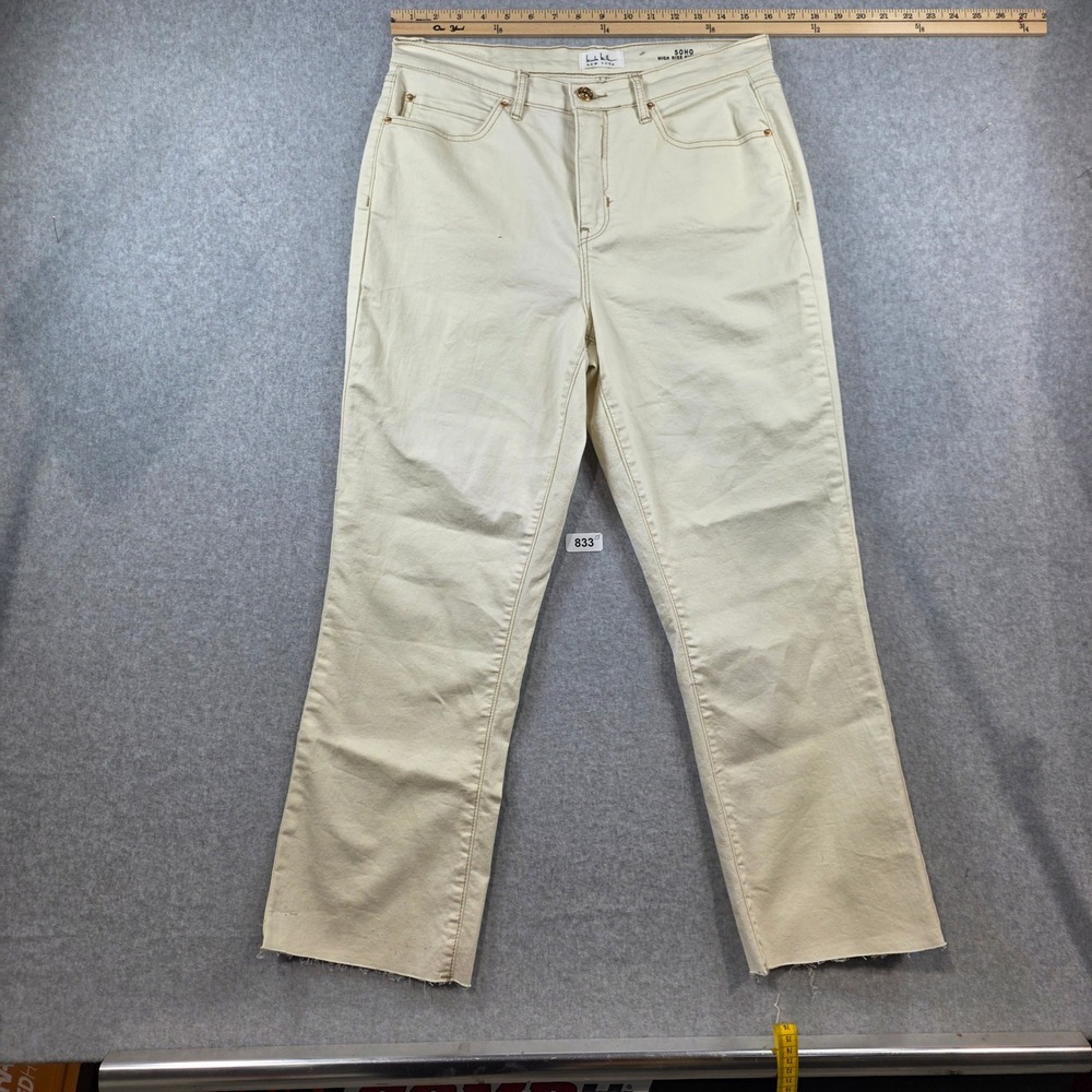 Nicole Miller New York Soho High Rise Kick Boot Jeans Cream Raw‎ Hem Womens 10
